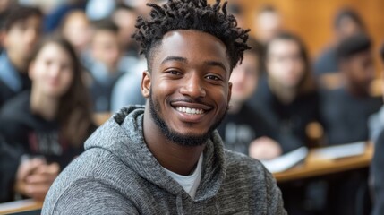Fototapeta premium Happy smiling young man in classroom environment with peers