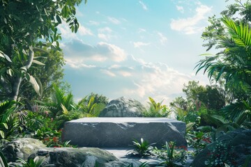 Rock Podium in Tropical Forest for Product Presentation Behind is a View of the Sky3D Rendering