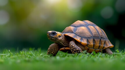 Obraz premium Close-up of a tortoise walking on lush green grass in a serene outdoor environment