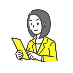 タブレットを操作する女性（スーツ）