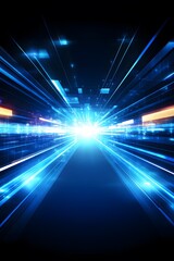 Abstract Futuristic Digital Tunnel Bright Blue Neon Lights Speed Lines Data Stream