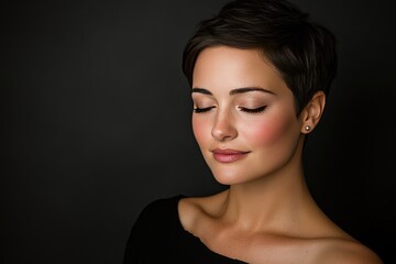 Fototapeta premium Serene Woman with Short Hair and Closed Eyes Against Dark Background