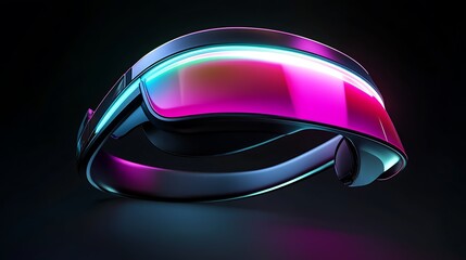 A futuristic VR headset with a sleek curved design, its visor glowing with a smooth gradient of neon pink to electric cyan, set against a dark background.