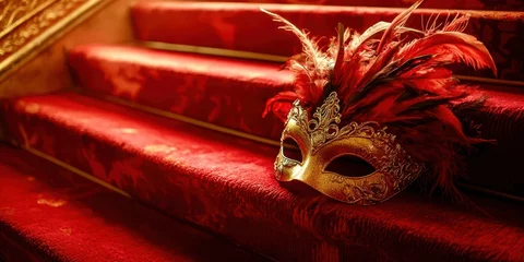 Gordijnen Gold mask is on a red carpet © HappyPic
