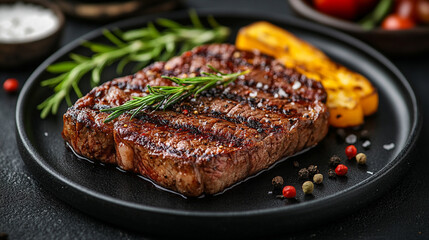 A close-up of a succulent grilled steak resting on a sleek black plate. The rich texture and glistening juices symbolize indulgence, luxury, and satisfaction, evoking warmth, strength, and culinary ma