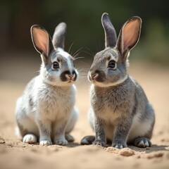 Obraz premium Adorable Baby Rabbits Sitting on Sand Outdoors