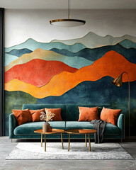 Abstract Mountain Landscape Wall Art Decorates Teal Velvet Sofa in Modern Living Room