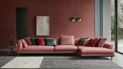 Cozy modern living room with stylish pink sofa, colorful cushions, and elegant decor under soft natural light