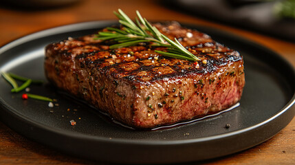 A close-up of a succulent grilled steak resting on a sleek black plate. The rich texture and glistening juices symbolize indulgence, luxury, and satisfaction, evoking warmth, strength, and culinary ma