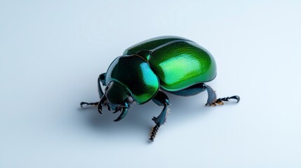 Close-up of a vibrant green beetle on a light background, showcasing its intricate details and textures