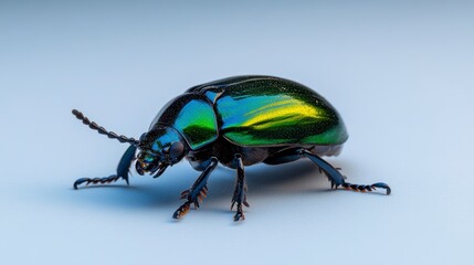 Naklejka premium Close-up of a vibrant green beetle showcasing intricate details and iridescent colors on a smooth surface