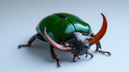 Naklejka premium Close-up of a vibrant green beetle with prominent horns on a smooth surface, showcasing its details