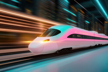 Obraz premium Futuristic High-Speed Train Zooming Through Modern Cityscape at Night