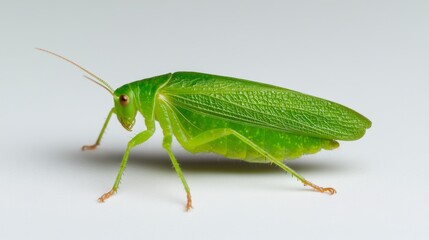 Fototapeta premium Close-up of a vibrant green grasshopper on a white background showcasing intricate details