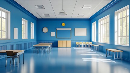 Bright Blue Classroom: A 3D Render of a Modern Schoolroom Interior AI Generated