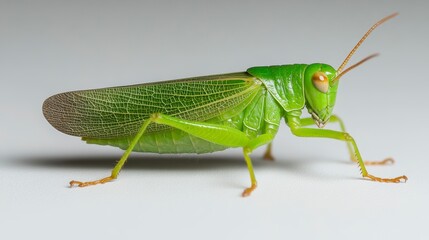 Close-up of a vibrant green grasshopper perched on a smooth surface, showcasing intricate details