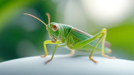 Fototapeta premium Close-up of a vibrant green grasshopper perched on a white surface surrounded by lush greenery