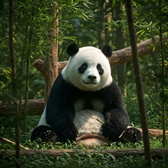 Obraz premium Gentle Giant: Panda Resting in a Bamboo Forest AI Image