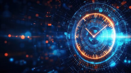 Futuristic Clock Design with Neon Lights and Digital Elements Representing Time and Technology in a Dark Background