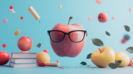 Educational background with levitating school items and academic essentials