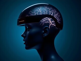 Obraz premium Neural Interface Helmet – AI Brain Technology Concept