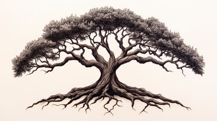 Obraz premium Detailed Black and White Drawing of a Large Tree with Exposed Roots