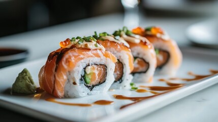 Delicious sushi rolls garnished with wasabi and sauce.