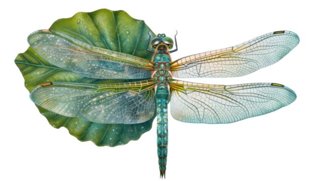 Colorful dragonfly resting on a leaf with transparent background