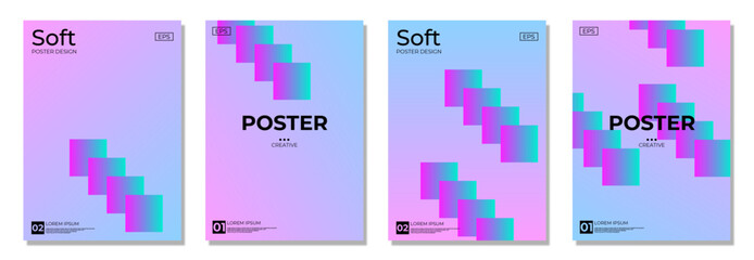 Modern gradient poster background vector set. Minimalist cover template with vibrant perspective geometric prism shapes in motion. ad, cover, web, social media, cover, banner, flyer