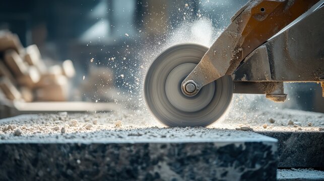 Close-up of a spinning stone cutting wheel. Illustrates precision cutting and stonework processes.