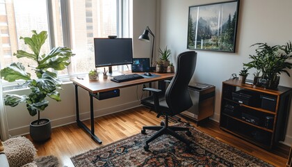 A modern ergonomic home office with a height-adjustable desk and plants 3. Generative AI