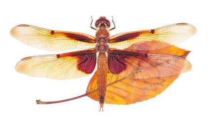 Colorful dragonfly resting on autumn leaf with transparent background