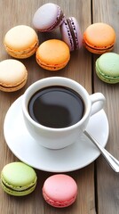 Obraz premium Colorful Macarons with Coffee on Wooden Table