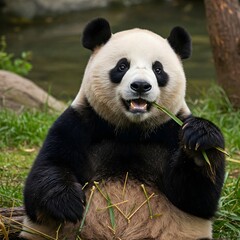 Obraz premium Cute Giant Panda Eating Bamboo AI Image