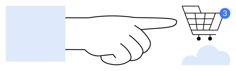 Hand pointing towards shopping cart with notification badge indicating three items. Ideal for e-commerce, online shopping, digital marketing, retail business, customer engagement, web design, user
