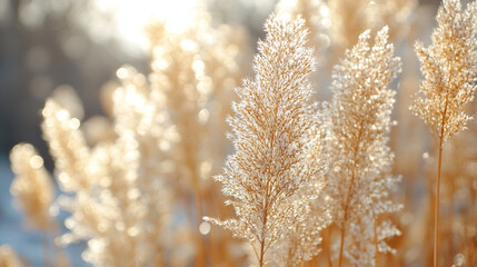 Naklejka premium Close-up of tall golden brown grasses swaying in the wind, symbolizing resilience, freedom, and the passage of time. The soft movement evokes tranquility, nature's rhythm, and seasonal change. 