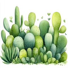Lush Green Cactus and Succulent Watercolor Painting