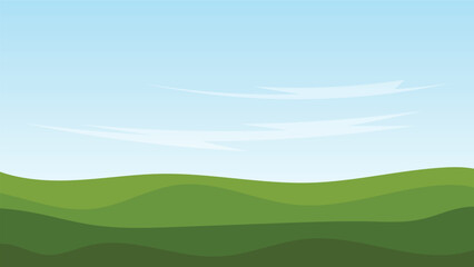Obraz premium green filed with blue sky. landscape cartoon scene background