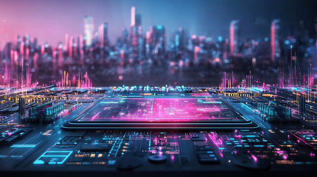 digital dashboard featuring neon pink and cyan elements, set against futuristic city skyline, evokes sense of advanced technology and innovation