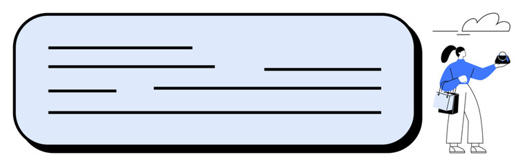 Businesswoman holding briefcase and analyzing data next to a large document page with lines of text. Ideal for business, data analysis, information sharing, office work, productivity, corporate