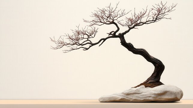 Miniature Bonsai Tree on Light Beige Rock Base Against Textured Off White Wall