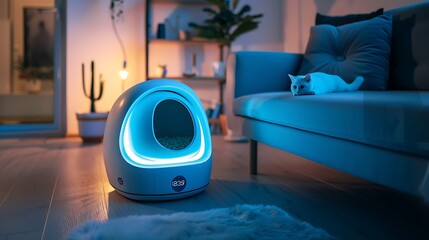 A self-cleaning litter box for pets, glowing with soft LED lights in a modern home setting.

