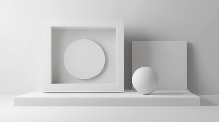 A minimalist arrangement of white geometric shapes, including a circle, square, and sphere, set against a clean, light background.
