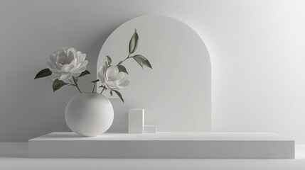 A minimalist arrangement featuring white flowers in a round vase against a simple arch background on a clean surface.