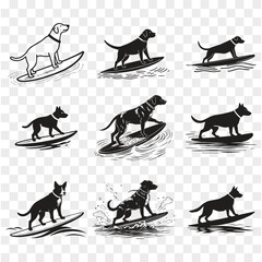 set of dogs silhouettes with Surfing in a water black vector and illustration Clean white background
