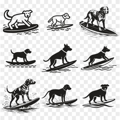 set of dogs silhouettes with Surfing in a water black vector and illustration Clean white background