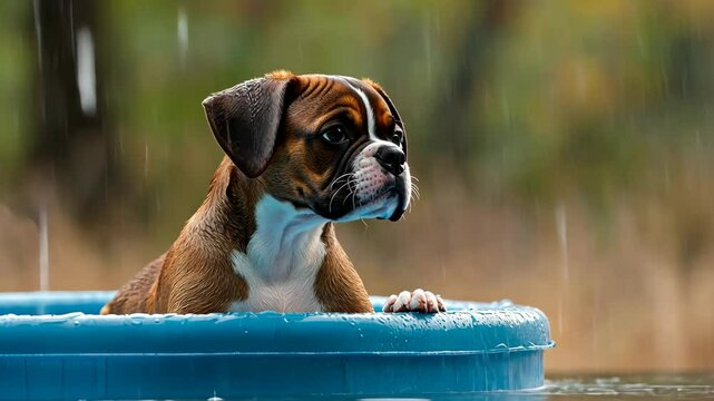 Playful dog enjoys a rainy day in a blue kiddie pool surrounded by nature in a serene setting