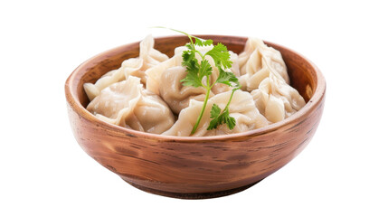 Steamed dumplings served in wooden bowl with coriander garnish on transparent background