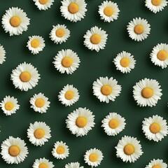 Fresh daisies pattern on deep green background with yellow centers