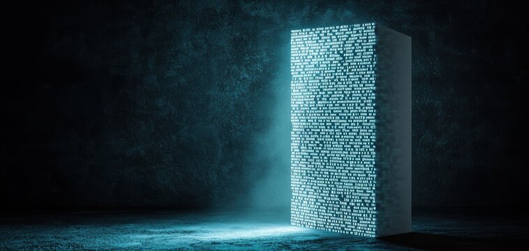 A sentient AI scripture written in shifting neon symbols, containing the lost wisdom of ancient and futuristic civilizations